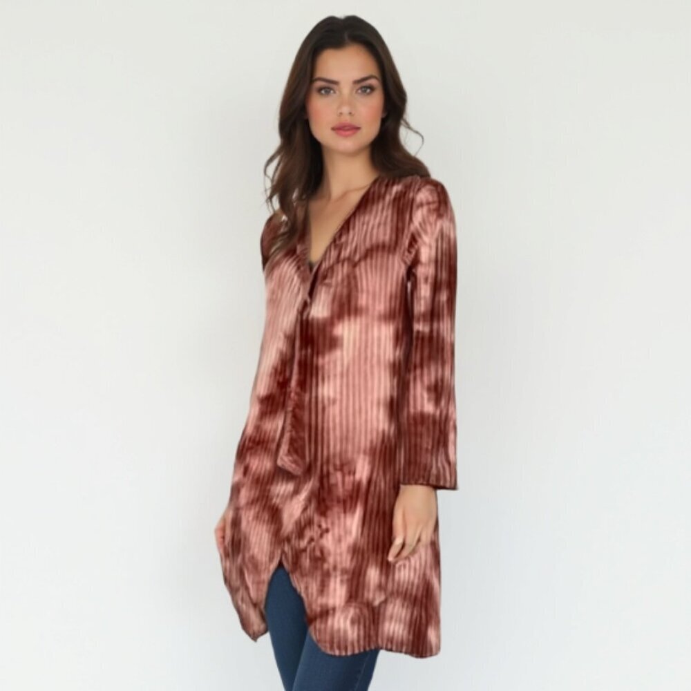 Warehouse One Boho Tie-Dye Open Front Cardigan XS Rust Watercolor Tunic ❤️